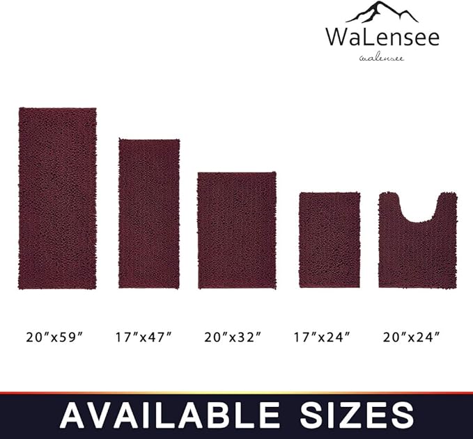 Walensee Bathroom Rug Non Slip Bath Mat (32x20 Inch Burgundy) Water Absorbent Super Soft Shaggy Chenille Machine Washable Dry Extra Thick Perfect Absorbant Best Large Plush Carpet for Shower Floor