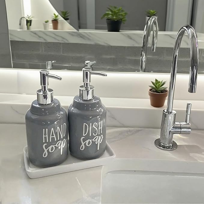2 Pack Ceramics Hand Soap and Dish Soap Dispenser Set for Kitchen and Bathroom, Refillable Liquid Hand Soap and Premium Kitchen Soap Dispenser, Perfect for Counter Décor (Gray)