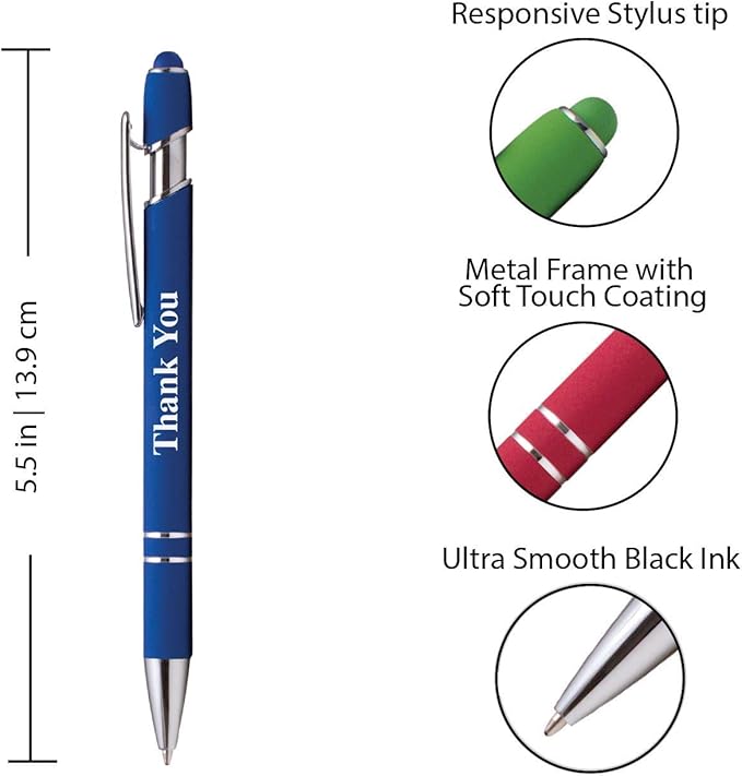 "Thank You" Premium Gift Stylus Pens For All TouchScreen Devices - Metal Soft Touch - 2 in 1 Combo Pen for Events, Parties, Employee Appreciation & More (7 Pack)