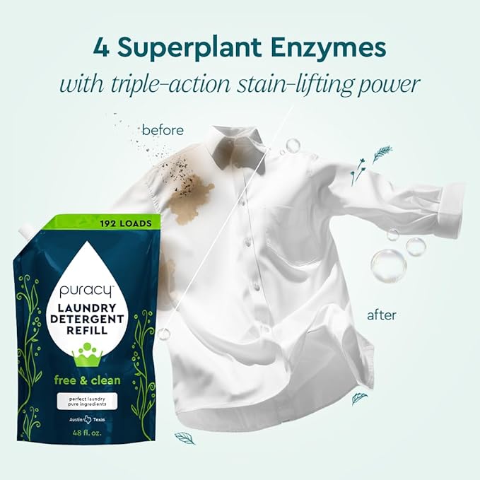 Puracy Laundry Detergent Refill - Enzyme-Powered Liquid Detergent Concentrate, Natural Laundry Detergent Seen on TikTok, Non-Toxic (Free & Clear, 48 fl oz, 192 Loads)