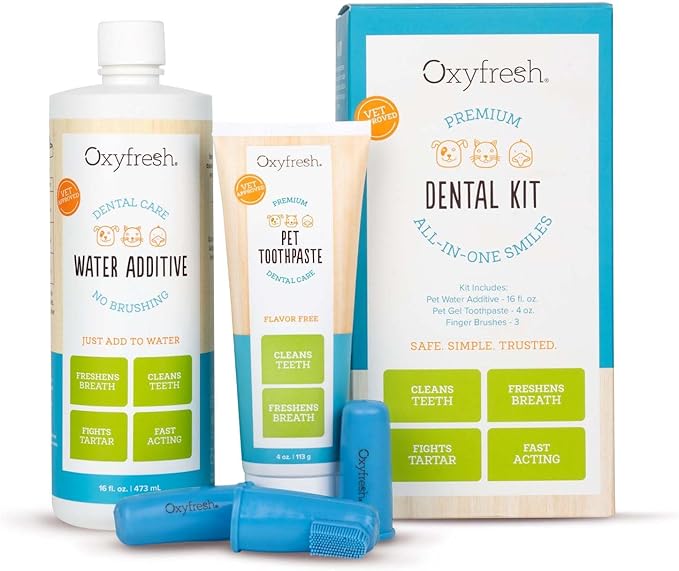 Oxyfresh Premium Pet Dental Kit for Dogs & Cats – Easiest Breath Freshener & Teeth Cleaning Solution for Fresh Breath, Clean Teeth, Plaque & Tartar Control – 4oz Toothpaste + 16oz Water Additive
