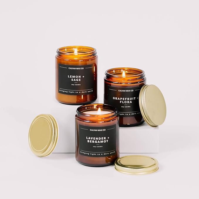 Calyan Wax Co. Soy Wax Candle, Apples + Maple Bourbon Scented Candle, 57 Hour Burn Time, Aromatherapy Soy Candles, Non Toxic & Vegan Soy Wax, Amber Glass Jar Scented Candles, 7.2oz