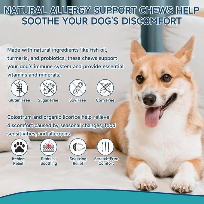 200 Dog Allergy Relief Chews for Dogs Itchy Skin Relief, Anti Itch for Dogs Ears & Paw Relief, Itchy Dog Skin Relief for Seasonal Allergy, Omega 3 Fish Oil, Turmeric & Colostrum Immune Support