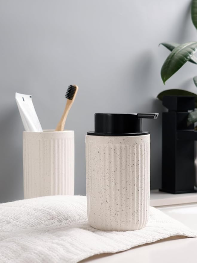 Bosilunlife Soap Dispenser and Toothbrush Holder Set - Dish Hand Soap Dispenser Bathroom Set Ceramic Bathroom Counter Soap Toothbrush Holder Set Beige Bathroom Accessories Set