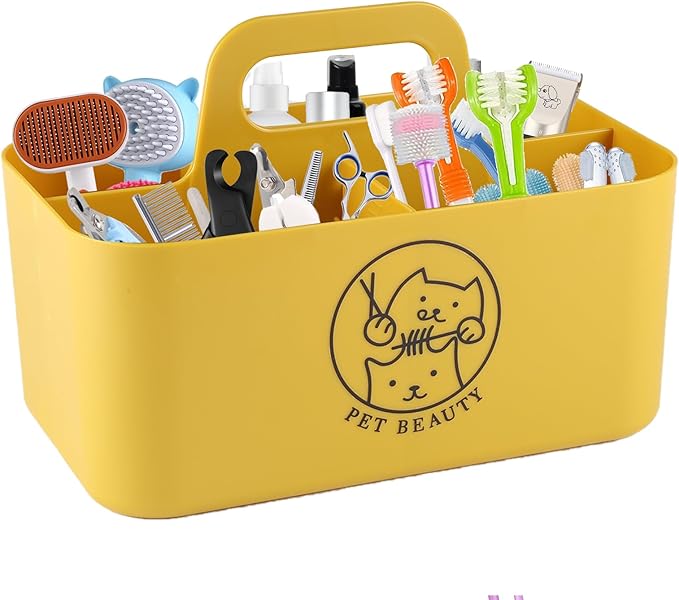 Dog Storage Organizer for Grooming Supplies,Portable Caddy Organizer for Pet Stuff,Divided Storage Bin for Dog Cat Grooming Kit,Dog Stuff Organizer with Handle for Shampoo,Clipper,Comb-Yeloow