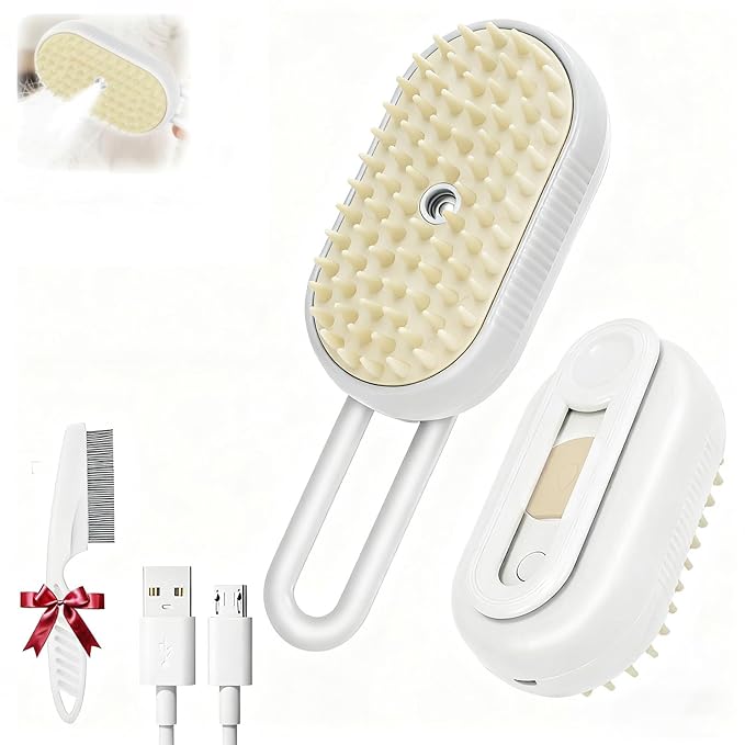 2025- New cat steam brush, 4-in-1 cat steam brush, for massaging and cleaning fallen pet hair, suitable for cats, dogs, rabbits and other pets (khaki + white) -2 pieces (white)