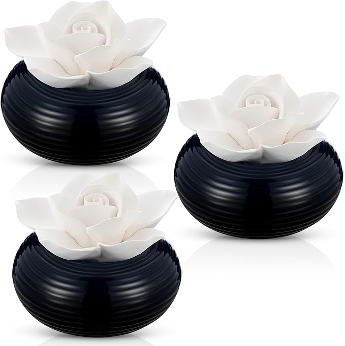 Honeydak 3 Pcs Flower Passive Essential Oil Diffuser Stone White Ceramic Porcelain Floral Diffuser with Container Non Electric Handmade Decorative Tabletops Home Decoration Christmas (Camellia)