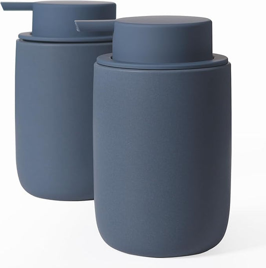 INGOFIN Ceramic Soap Dispenser Set, 2 Pack (12 oz) Bathroom Hand Soap Dispenser with Pump, Liquid Hand and Dish Dispenser Set with 8 Pcs Clear Stickers, for Kitchen -Matte Blue