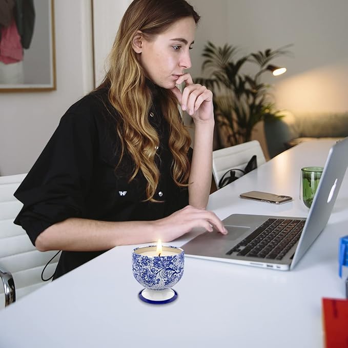 Christmas Scented Candles Gift Set for Home Women Soy Wax Freesia, Vanilla, Rosemarry&Lavender, Cedar&Amber&Musk Aromatherapy Candles in Blue and White Tins, Set of 4