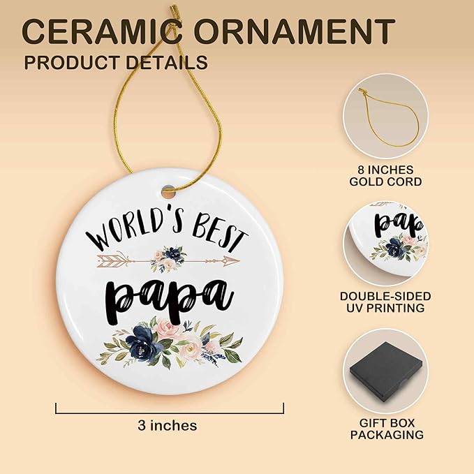 World's Best Papa Ceramic Ornaments Gifts, Dad Father Daddy Round Hanging Ornament Decor Decorations for Christmas Tree Car, Thank You Appreciation Gifts for Papa Birthday Holiday Father's Day