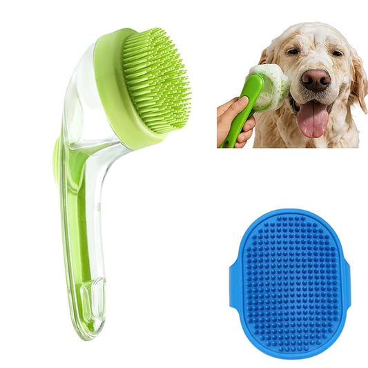 2PCS Pet Soft Silicone Bath Brush,Dog Scrubber, Dog Beauty Massage Brush with Soap Dispenser,with Adjustable Handle