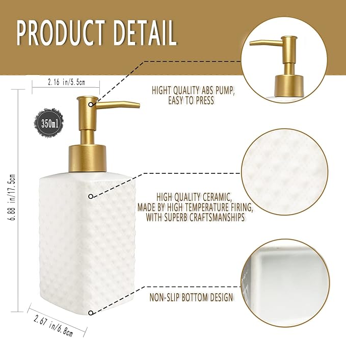 Chic Unique White Soap Dispenser for Bathroom with Golden Pump,Lotion Dispenser, Refillable Countertop Ceramic Hand Dispenser,Dish Dispenser for Kitchen 350ml(White Square Bottle)