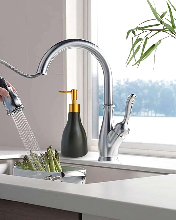 280ml Black Ceramic Liquid Soap Dispenser for Bathroom & Kitchen with Gold Pump,Refillable Countertop Hand Sanitizer Bottle,Chic Home Deco(Cone Black Bottle)