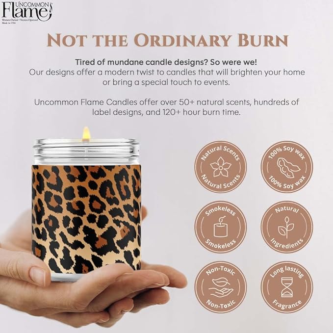 100% Handmade Non-toxic Soy Wax Candle, Floral Beachy Scent, 120hr Burn, Soot Free, Cotton Wick, 16 oz - Fun Animal Print, Cheetah Design (Leopard Print, Sea Salt & Peony)