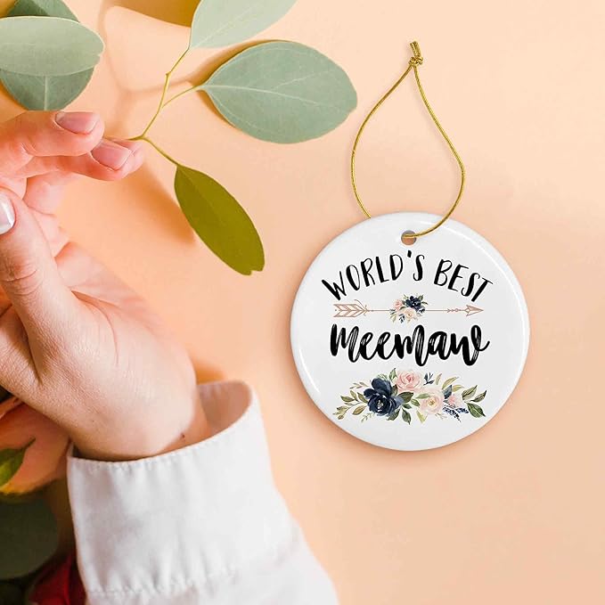 World's Best Meemaw Ceramic Ornaments Gifts, Grandma Grandmother Round Hanging Ornament Decor Decorations for Christmas Tree Car, Thank You Appreciation Gifts for Meemaw Birthday Holiday