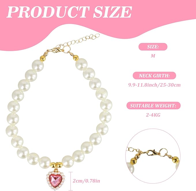 3 Pcs Pearl Cat Collar with Heart Pendant, Adjustable Dog Cats Pet Pearl Collars, Cute Pearl Necklace for Puppies and Kittens (Pink, Green and Lake Blue)
