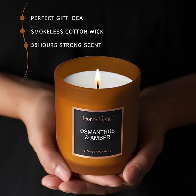 HomeLights Luxury Scented Candle, Natural Soy Wax, Home Fragrance Decor Gift, Osmanthus & Amber, Medium Jar