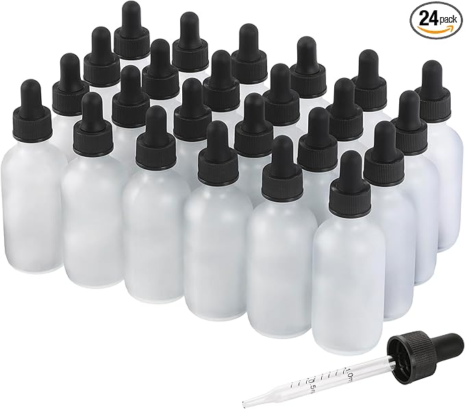 24 Pack, 2oz Glass Dropper Bottle, Preety Texture Tincture Bottles with Precise Scales Eye Droppe, for All Kinds Of Mixed Liquids,Leak-Proof Design for Easy Travel (Clear Frosted)