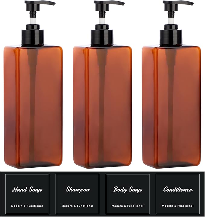 Suream Amber Shampoo and Conditioner Dispenser with Black Plastic Pump, 16.9oz Refillable Shower Bottle for Bathroom, Empty Container for Body Wash, Hand Soap, Lotion, Massage Oil