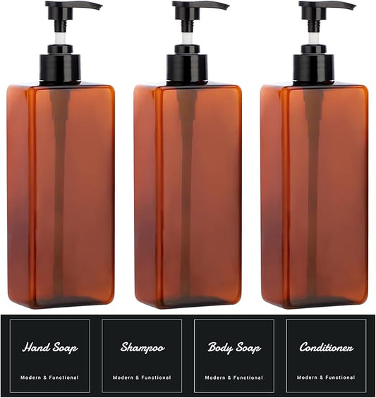 Suream Amber Shampoo and Conditioner Dispenser with Black Plastic Pump, 16.9oz Refillable Shower Bottle for Bathroom, Empty Container for Body Wash, Hand Soap, Lotion, Massage Oil
