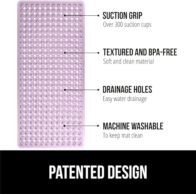 GORILLA GRIP Patented Bath Tub Shower Mat, Machine Washable Bathtub Floor Liner Mats, Suction Cups and Drain Holes to Keep Tubs Clean, Soft on Feet, Bathroom Essentials, 35x16 Inch, Clear Purple
