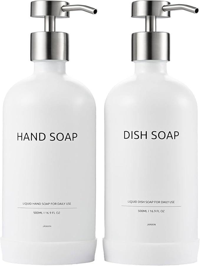 Kitchen Soap Dispenser Set with Non-Slip Protective Silicone Pad,Hand Soap Dispenser for Kitchen and Bathroom Decor, White and Silver Kitchen Accessories (White Bottles + Silver Pumps)