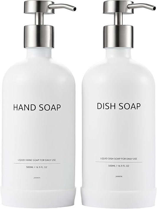 Kitchen Soap Dispenser Set with Non-Slip Protective Silicone Pad,Hand Soap Dispenser for Kitchen and Bathroom Decor, White and Silver Kitchen Accessories (White Bottles + Silver Pumps)