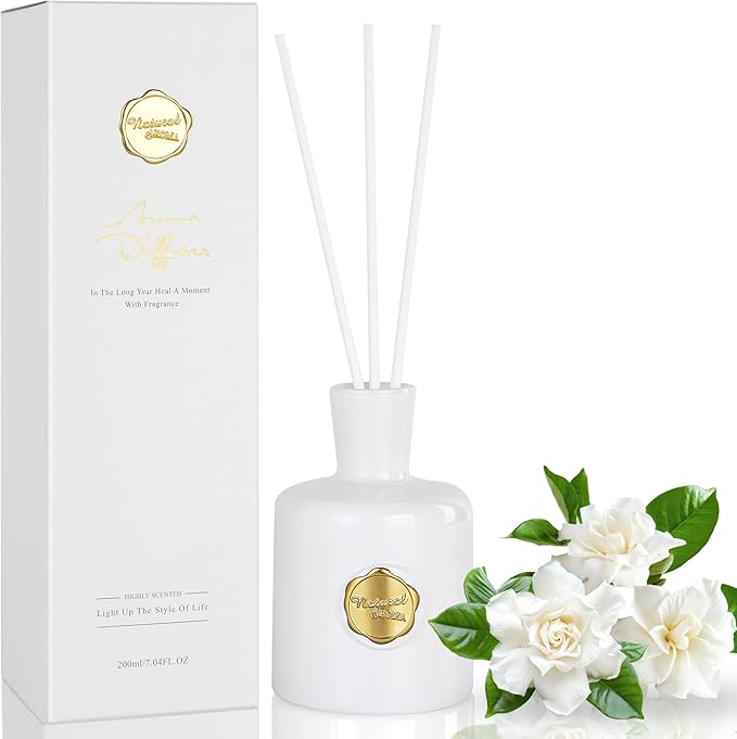 XEPTLE Reed Diffuser Set, 7.04 oz Creamy Gardenia Scent Diffuser with 5 Sticks, Long Lasting Air Freshener, Essential Oil Reed Diffuser, Home Fragrance for Office, Bathroom Shelf Decor, White