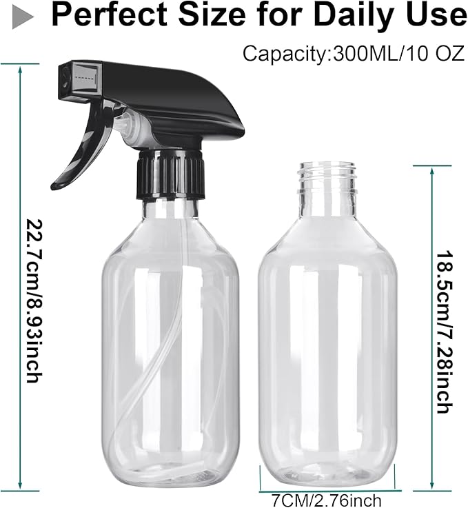 Plastic Spray Bottles - 10.5OZ/300ML Empty Spray Bottles for Cleaning Solutions, Plants, Pet, Essential Oils, Hair, Cooking - Mist/Stream Water Bottle