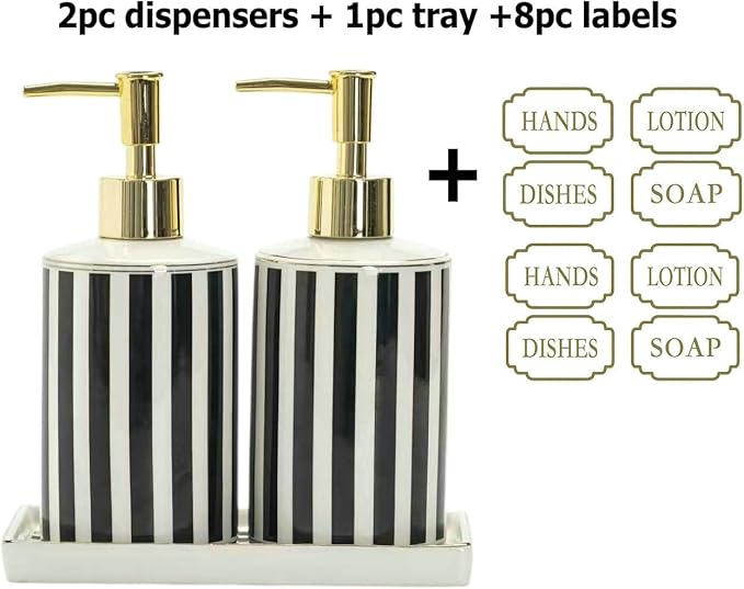 Luxury Black & White Ceramic Soap Dispenser Set with Gold Pump – 3-Piece Bathroom & Kitchen Accessories Set with Tray, Refillable Lotion & Dish Soap Pump Bottles, Elegant Modern Home Décor