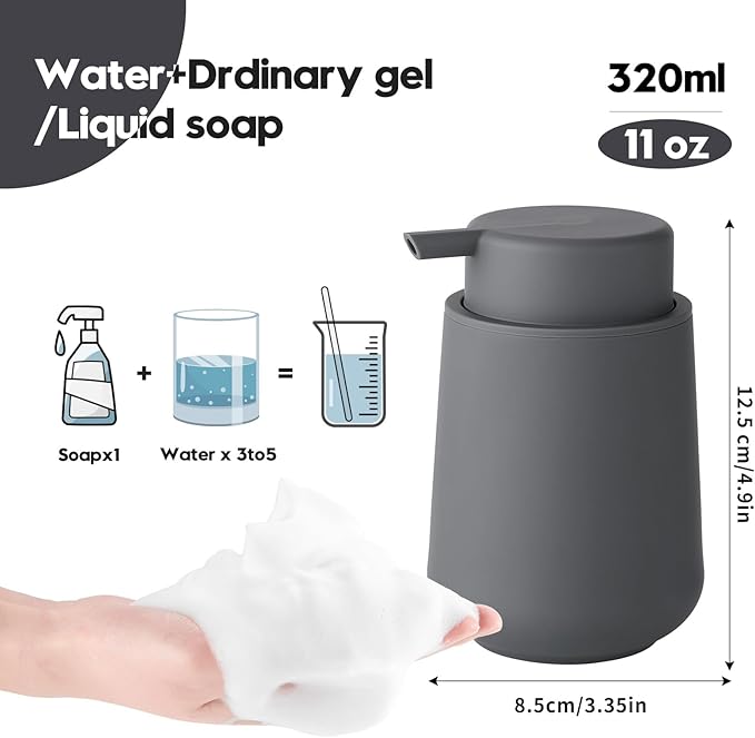 Matte Gray Foaming Hand Soap Dispenser Plastic 11 oz - Modern Minimalist Style for Bathroom & Kitchen Countertop Refillable