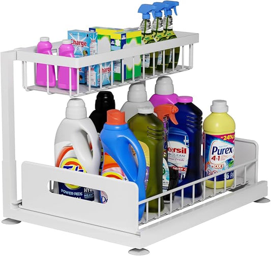 2-Tier Under Sink Slide Out Organizer, Pull Out Cabinet Storage Shelf with Sliding Wire Basket Drawer for Bathroom Kitchen, Countertop or Pantry Shelf, White
