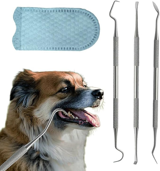 Pet Teeth Cleaning Kit for Dogs,3 Stainless Steel Removal Sticks and 20 Cleaning Wipe Finger Sleeves,Manual Teeth Cleaning Tools for Removing Deposited Dirt and Plaque From the Teeth of Cats and Dogs.