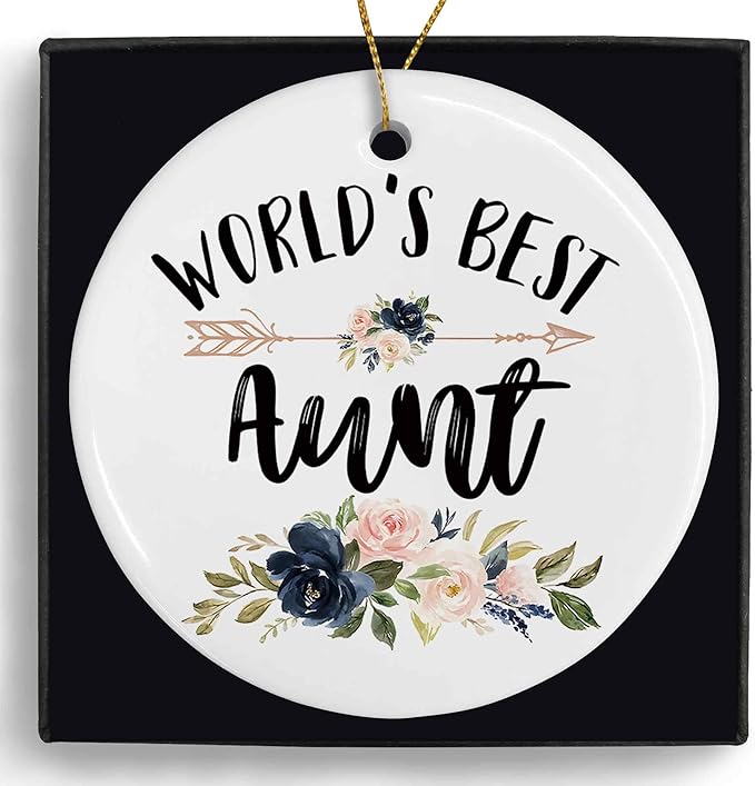 World's Best Aunt Ceramic Ornaments Gifts, Auntie Round Hanging Ornament Decor Decorations for Christmas Tree Car, Thank You Appreciation Gifts for Aunt Birthday Holiday