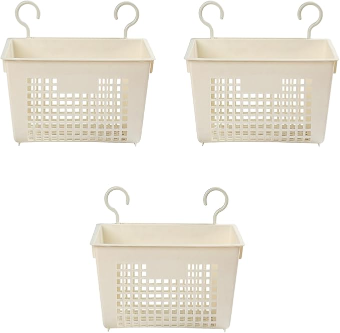 3PCS Plastic Hanging Baskets for Shower, Hanging Basket Organizer with Hooks, Rectangle 11.3Inches Small Hanging Storage Basket (Beige)