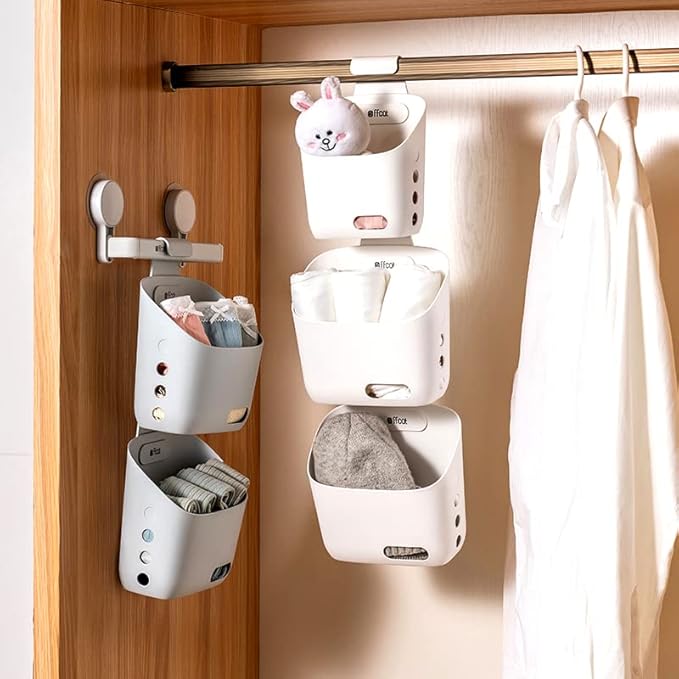 LeleCAT Plastic Hanging Basket Kitchen Storage organizer, Basket with Detachable hook, Hang it behind a door or on a railing, Over the Cabinet Door (White, Small-2 Pack)