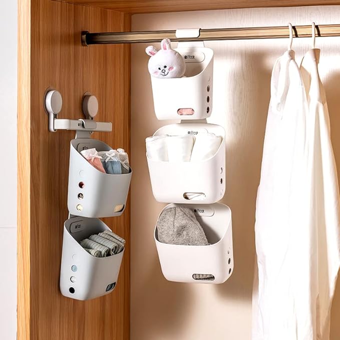 Plastic Hanging Basket Kitchen Storage organizer, Basket with Detachable hook, Hang it behind a door or on a railing, Over the Cabinet Door (Grey, Large-2 Pack)