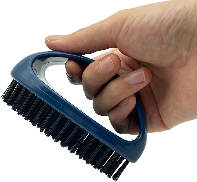 Small Scrub Brush with Nylon Bristles - Heavy Duty Cleaning Brush for Bathroom, Kitchen, Grout, Tiles - Non-Slip Teardrop Handle & Hangable Design - Deep Blue