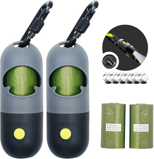2 Pack Poop Bag Holder with Flashlight Waste Bag Dispenser for Leash with Clip and Battery Poop Bag Dispenser with Green Scented Poop Bags for Dog Walking(Black,2 Dispenser 60 Bags)