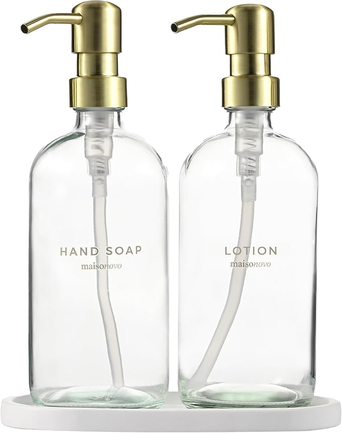 MaisoNovo Soap Dispenser 3-Piece Set | 16.9oz Clear Bottles with Gold Stainless Steel Pumps