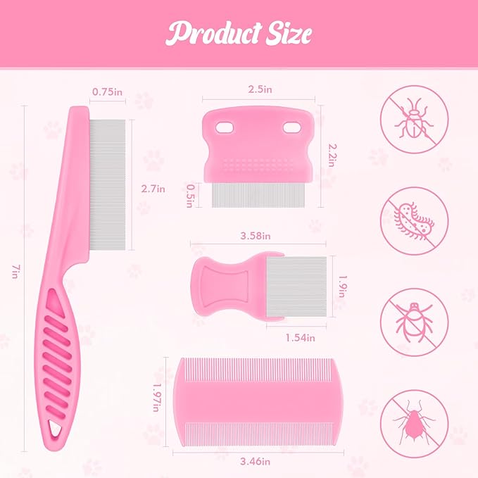 6-Pack Flea Comb for Dogs and Cats, Fine & Wide Tooth Stainless Steel Lice Comb, Tick Removal Tool, Tear Stain Remover, Dematting Brush - Professional Pet Grooming Kit for All Types of Pets