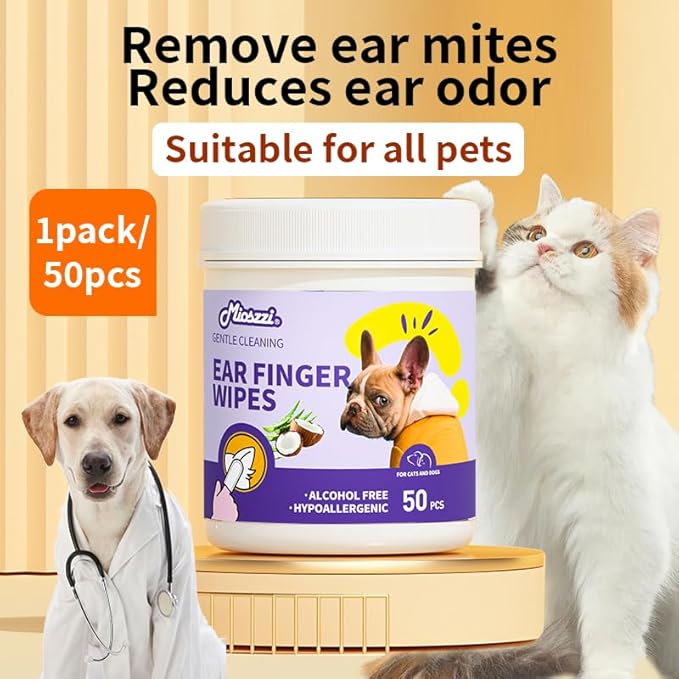 MIOSSZI Dog Ear Cleaner Finger Wipes for Dogs & Cats – Removes Wax & Odor, Helps Soothe Itchy Ears, Pet Ear Cleaning Finger Wipes 50 Count