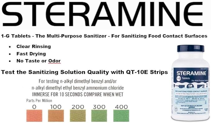 2 Bottles Steramine Sanitizer Tablets - 15x QT-10 Test Strip - Multi Purpose Steramine Sanitizing Tablets for Food Contact Surface in Kitchen, Restaurant & Food Service by FryOilSaver Co. (300 Count)