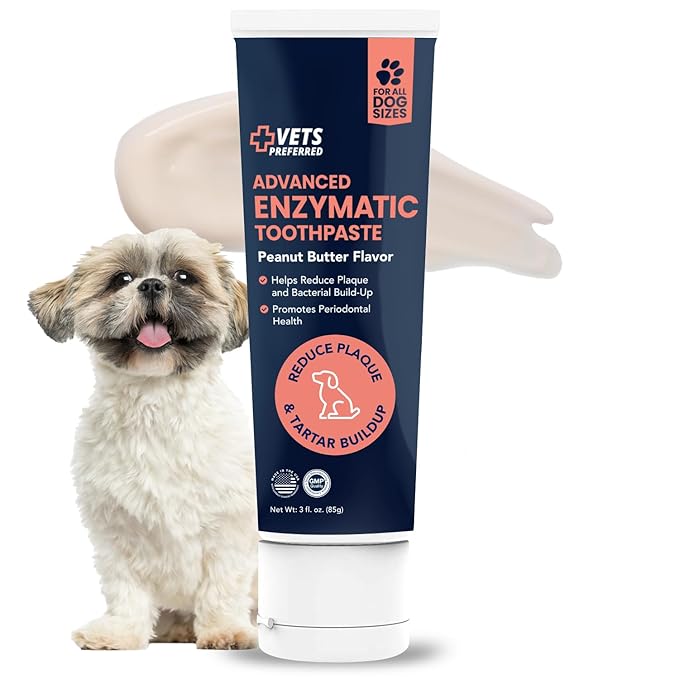 Vets Preferred Dog Enzymatic Toothpaste – Safe and Natural Dog Oral Care Toothpaste – Freshens Breath, Fights Plaque and Reduces Tatar – Tasty Peanut Butter Flavor – 3 Oz