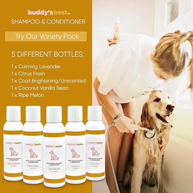 Buddy’s Best 4oz Travel-Size Dog Shampoo and Conditioner with Shea Butter, Oatmeal, Biotin, and Aloe Vera, Alcohol-Free Deep Moisturizer for Dry, Itchy Skin and Coats (Ripe Melon)