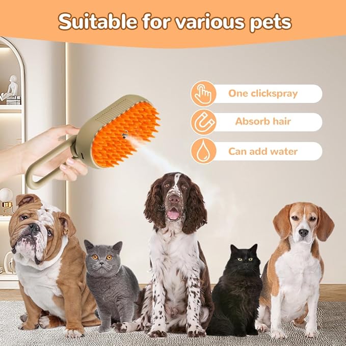2025 New Cat Steam Brush, 3 in 1 Pet Steam Groomer Comb, Rechargeable Pet Steam Groomer Brush for Massaging and Cleaning Shedding Pets Hair, Anti-Static Hair Removal Comb for Cats Dogs (Khaki)