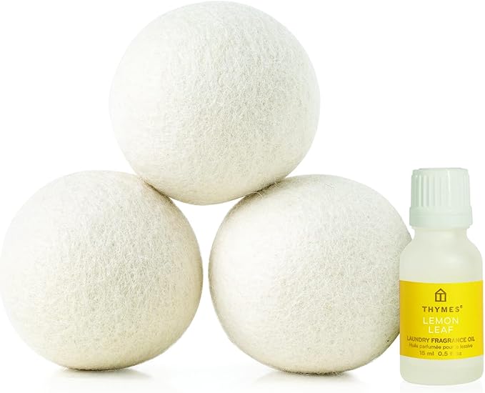 Thymes Wool Dryer Balls Set – Includes 3 Wool Laundry Balls + 1 Scented Laundry Fragrance Oil for Dryer – Eliminate Wrinkles, Static & Lint (Lemon Leaf, 0.5 fl oz)