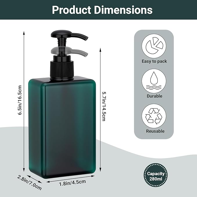 Suream 9.5oz Refillable Pump Press Bottles, Plastic Shampoo and Conditioner Dispenser, 280ml Reuable Cosmetic Empty Bottle, Bathroom Countertop Shower Dispensers for Body Wash, Hand Sanitizer, 3Pack