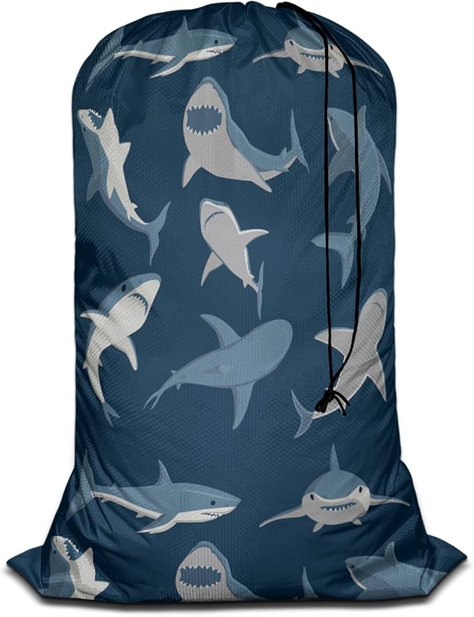 Swono Shark Heavy Duty Laundry Drawstring Bag with Strap, Wild Fish Set Sea Life Underwater 28 x 40 Inches Travel Dirty Clothes Bag for Laundromat and Household, Blue