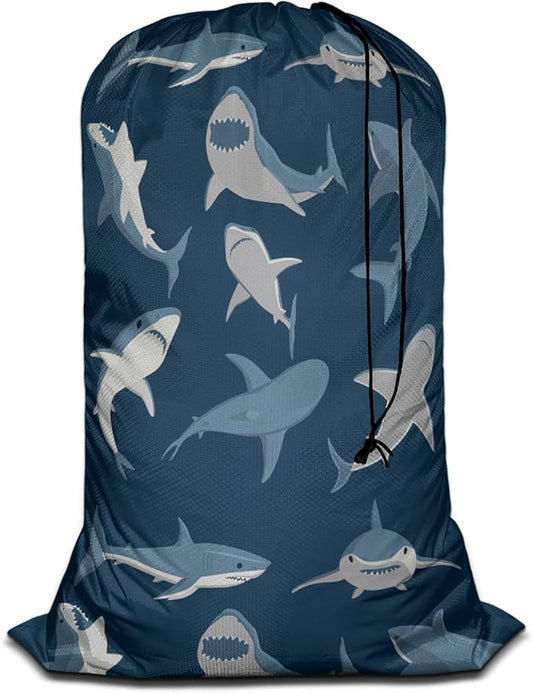 Swono Shark Heavy Duty Laundry Drawstring Bag with Strap, Wild Fish Set Sea Life Underwater 28 x 40 Inches Travel Dirty Clothes Bag for Laundromat and Household, Blue